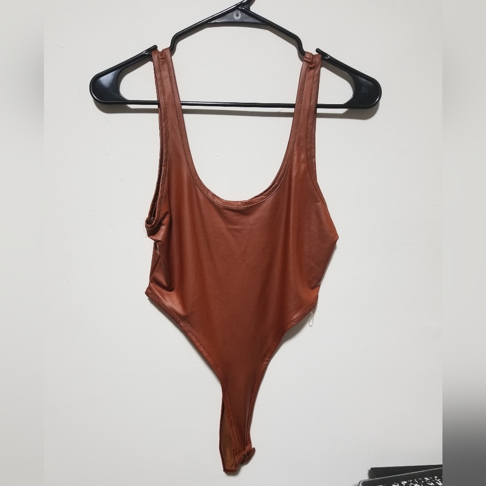 Womens Medium Bodysuit Brown Leather Feel Body Suit with Snap Buttons Women Tops